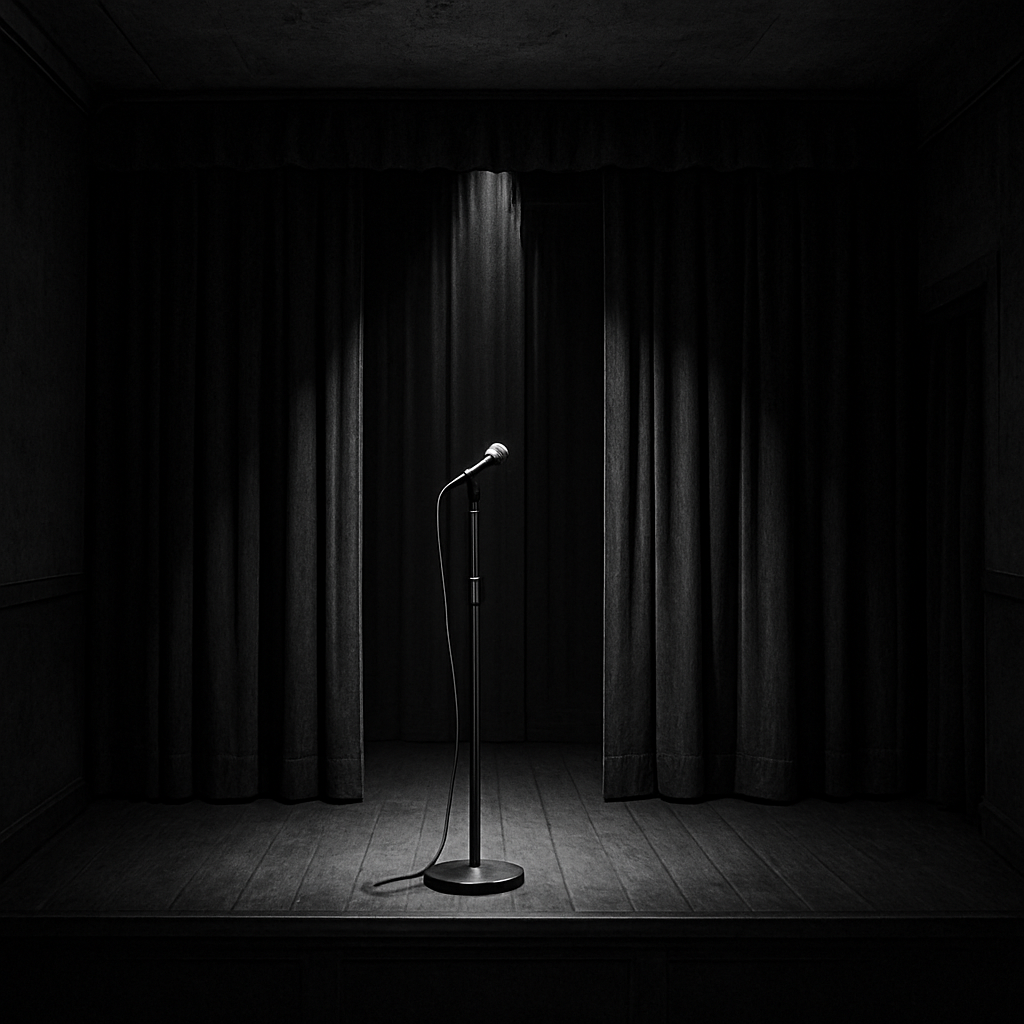 Black and white photo of an empty comedy stage with a single microphone under a spotlight — image for the story ‘A Real Stand Up Guy’ by Terence Patrick Hughes.
