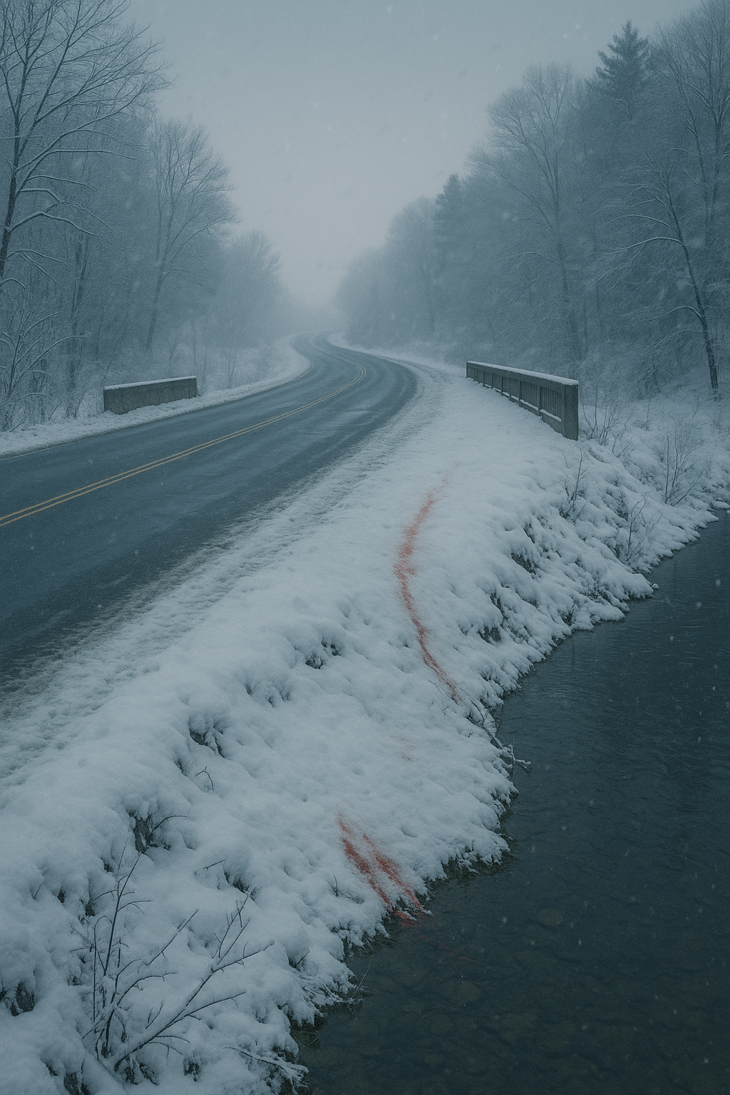 Snowy rural bridge and road with faint blood streaks — image for the short story ‘As The Night The Day’ by author Terence Patrick Hughes.