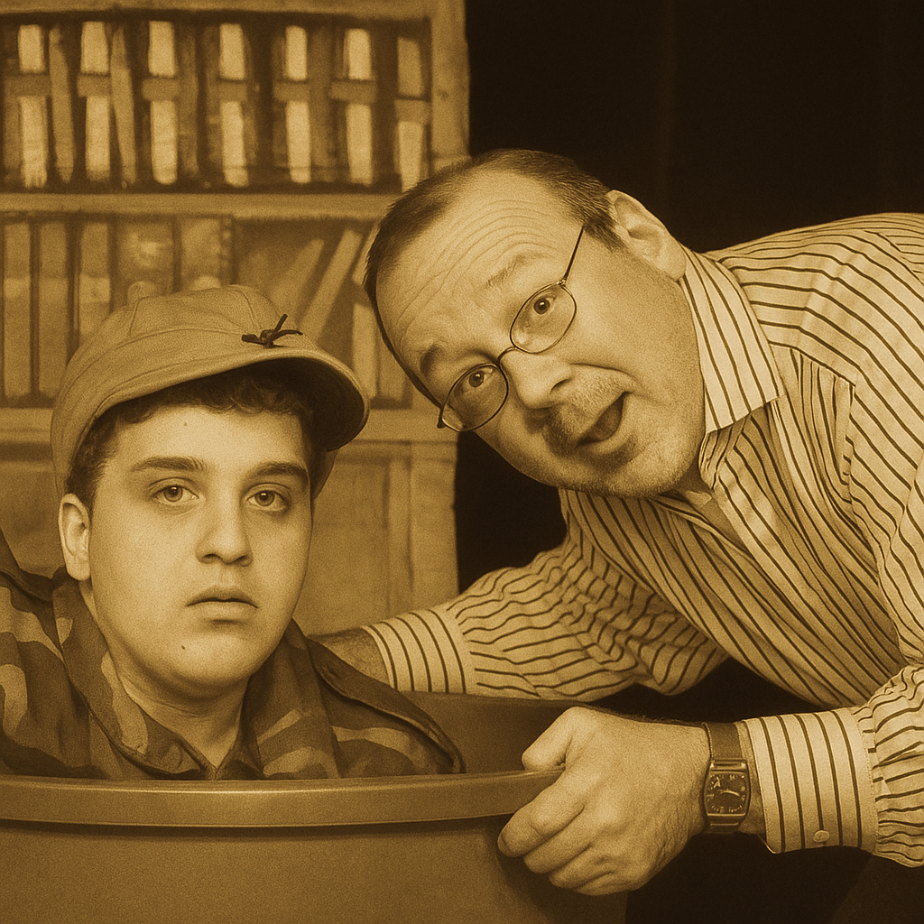 A sepia-toned image of a young boy wearing an army-style jacket inside a container, with an adult man leaning beside him, suggesting a tense and unusual father–son dynamic. The theatrical setting reflects the tone of the play “Finding the Roosters.”