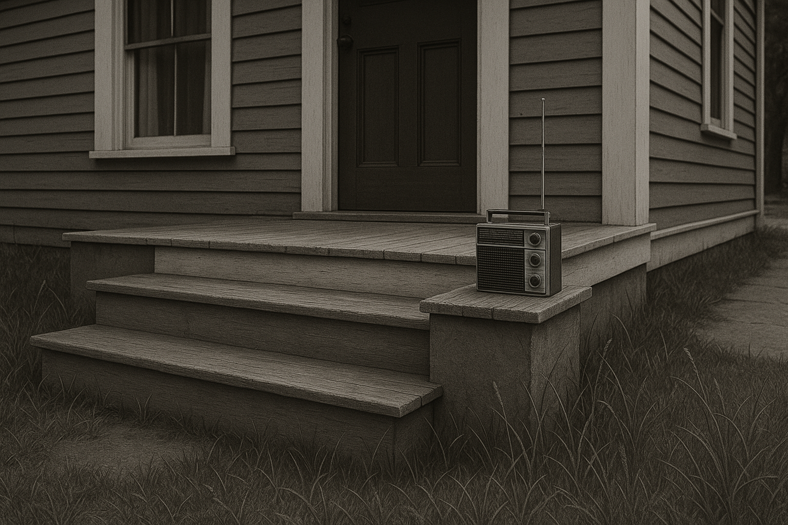 Black and white photo of a transistor radio sitting on the front steps of a house — image for the story ‘Tom Tucker’s Dead Body’ by Terence Patrick Hughes.