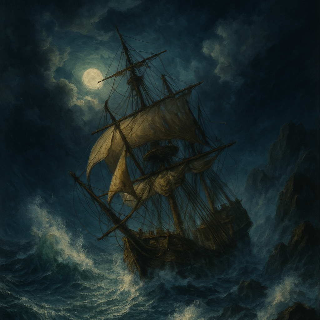 An old sailing ship on tumultuous seas in the moonlight