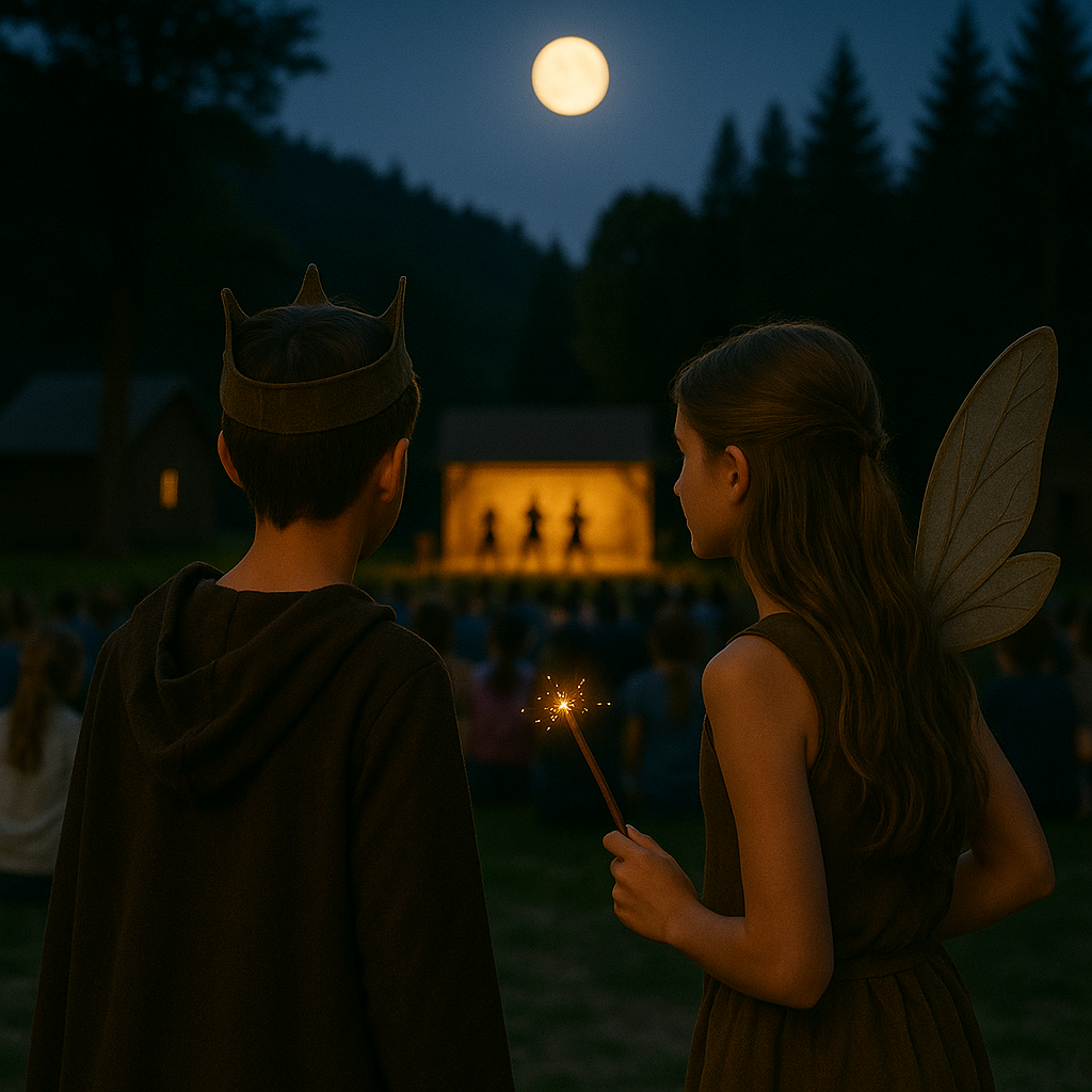 A warm, magical summer-camp scene with children in costume watching an outdoor stage performance under a full moon — an image reflecting the comic, kid-friendly adaptation of Shakespeare in A Midsummer Camp’s Dream by Terence Patrick Hughes.