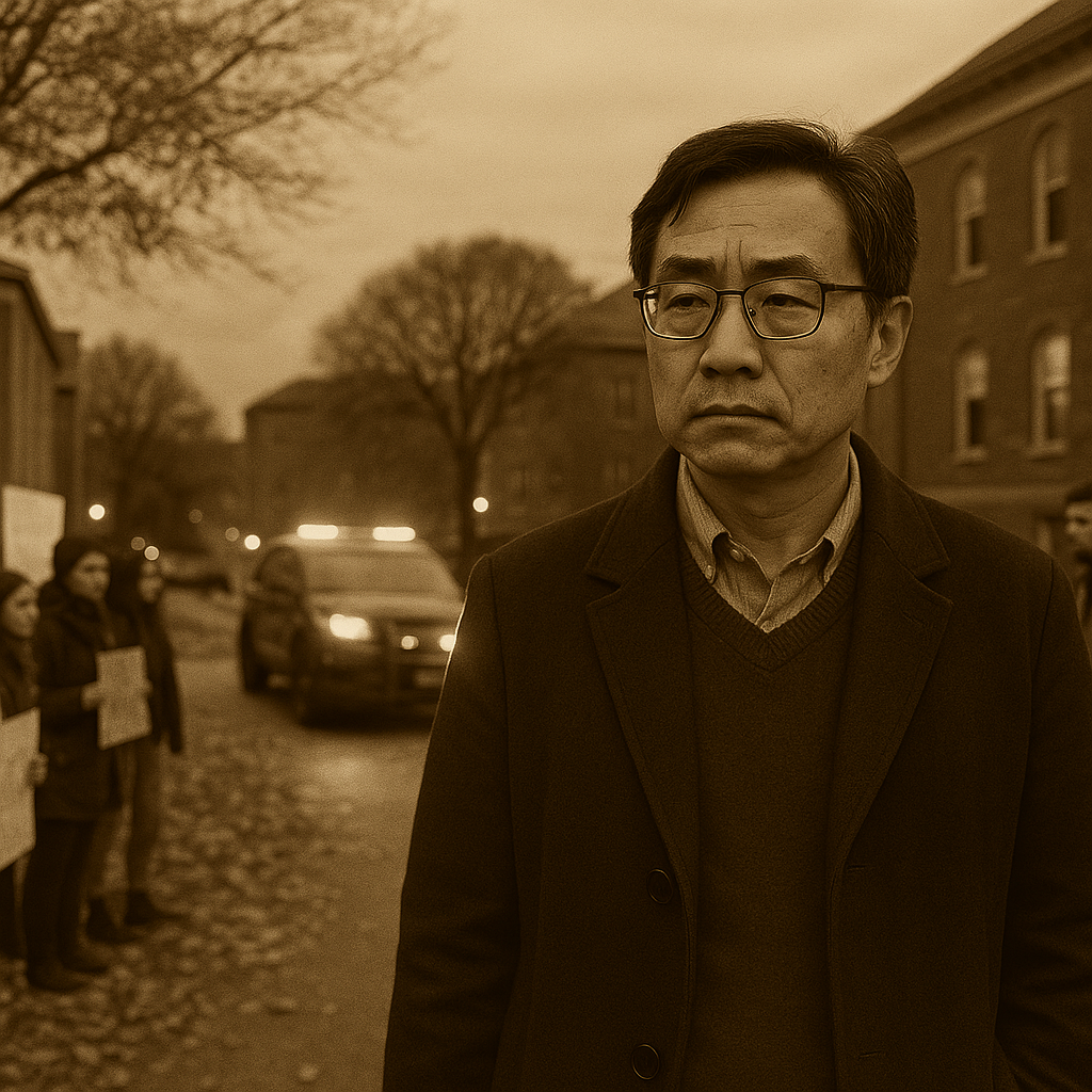 A tense campus scene with a visiting Chinese professor standing near a lecture hall as police lights flash in the background, suggesting political unrest and academic conflict — imagery reflecting the play “American Yu.”