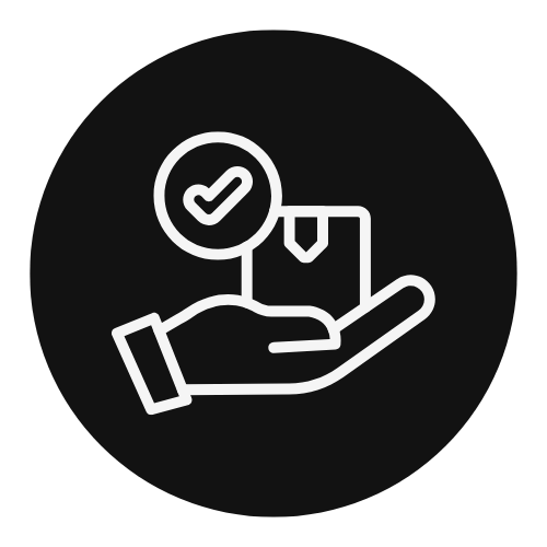 Hand holding a package with a checkmark symbol above, indicating verified delivery or receipt.