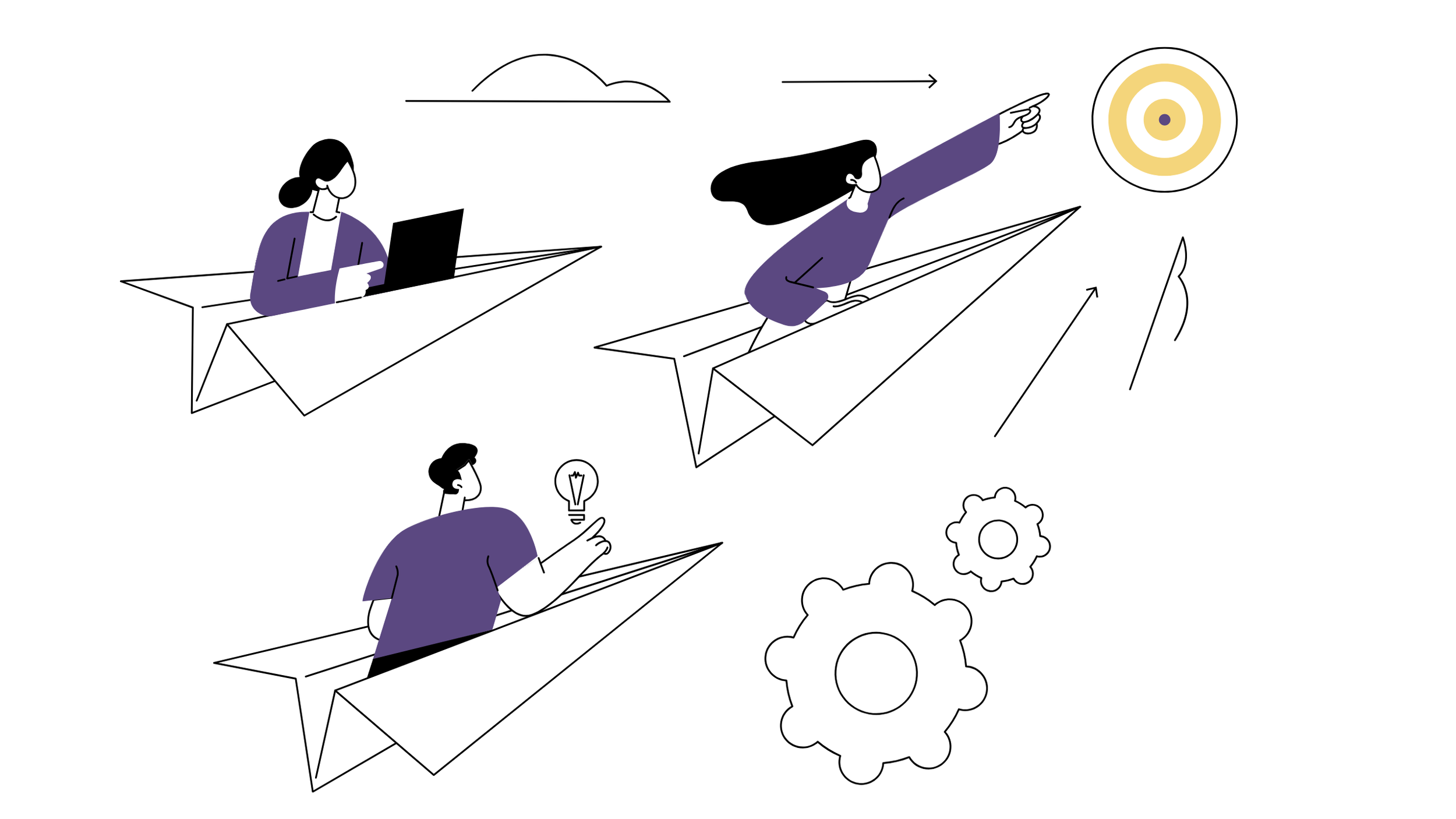 Illustration of three people on paper airplanes, each engaged in different activities: one reading with a phone, another pointing towards a target, and the third giving a thumbs-up with a light bulb symbol next to them. Gears are depicted below.