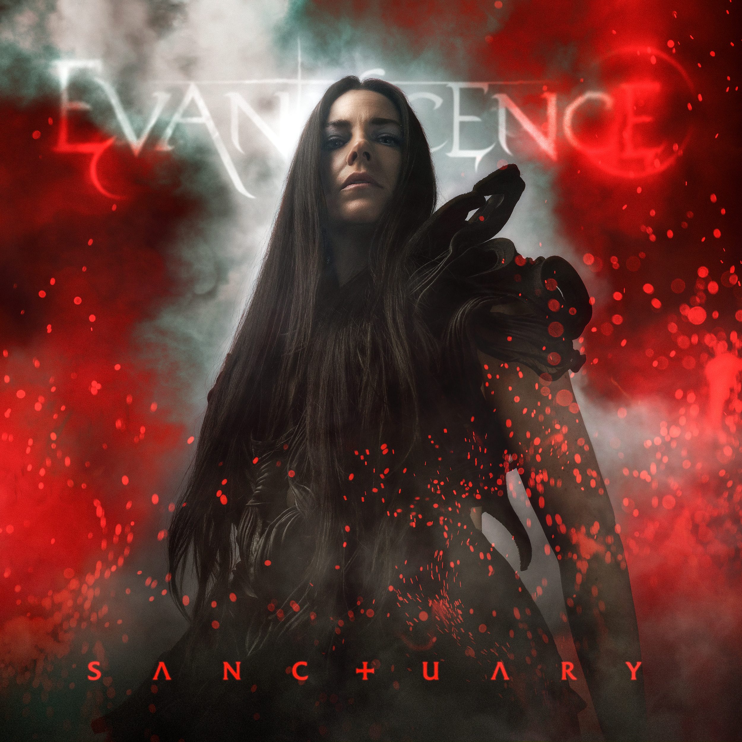 A woman with long dark hair wears black leather clothing and black gloves, standing in a smoky setting with red and white lights. The word 'Evangeline' is illuminated in the background, and the name 'Sanctuary' appears at the bottom in red letters.