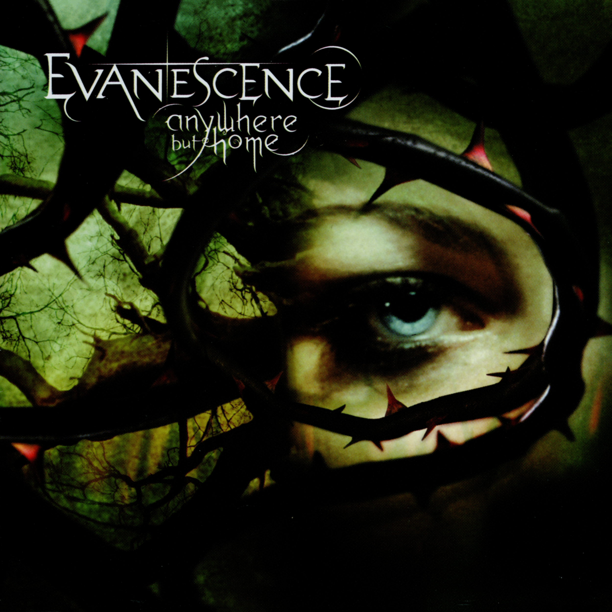 Album cover for Evanescence's 'Anywhere but Home', featuring a close-up of a person's face with one eye visible, surrounded by dark thorny vines and green leaves.