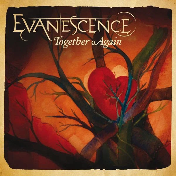 Album cover for Evanescence's "Together Again," featuring a tree with heart-shaped leaves in red and orange, set against a warm background.