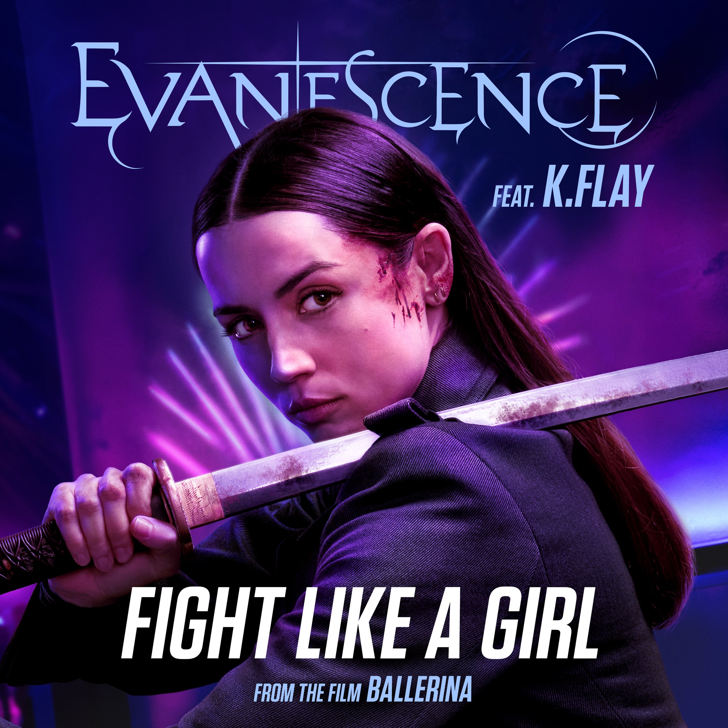 A woman holding a katana sword on her shoulder, with a serious expression, in front of a colorful neon background. The text indicates it is related to a movie titled 'Ballerina' with the slogan 'Fight Like a Girl' and features the artist K. Flay.