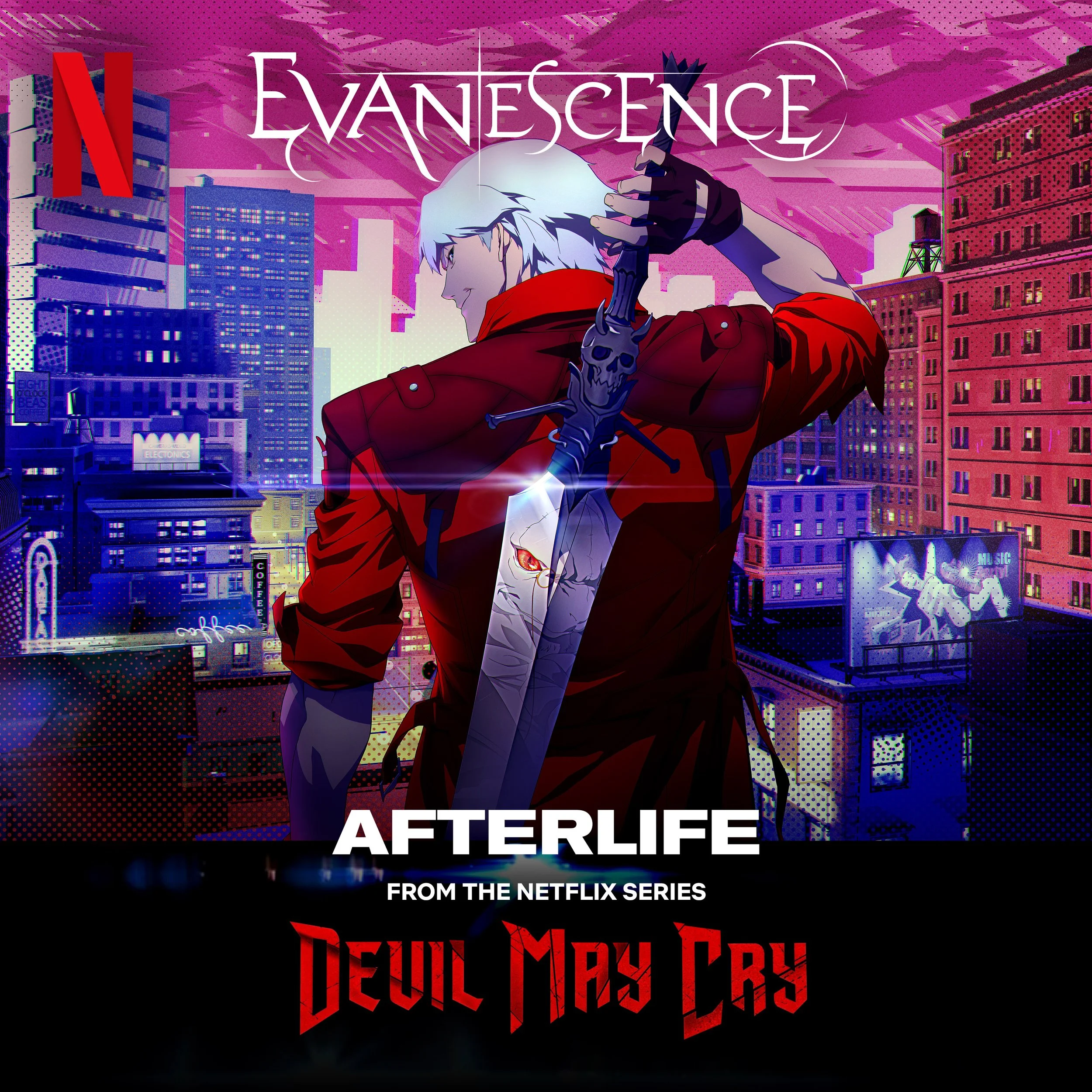 Promotional poster for the Netflix series 'Devil May Cry' featuring a character with white hair in a red jacket, holding a sword with a skull-shaped hilt against a cityscape background with pink and purple hues.