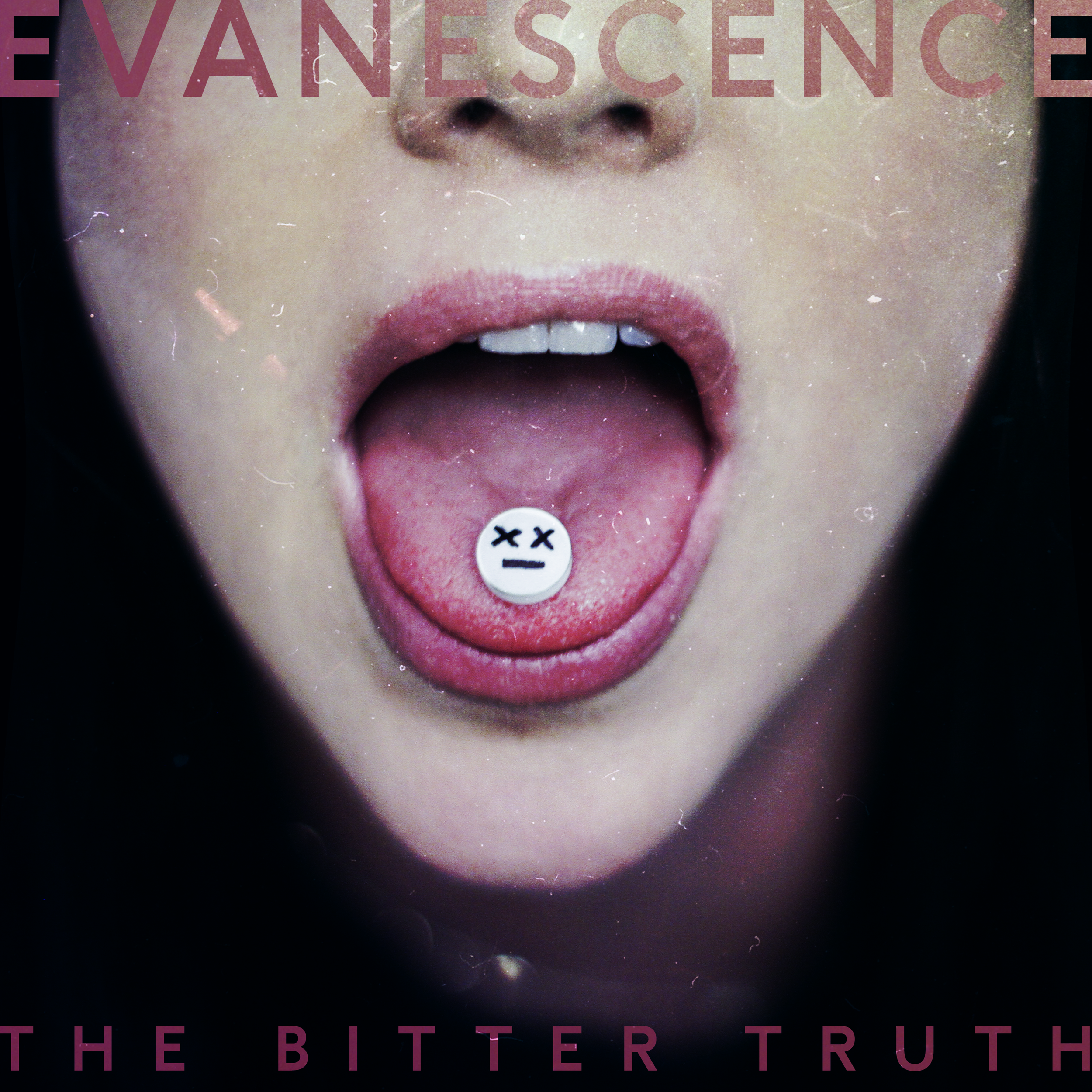 Close-up of a person's face with an open mouth showing a tongue with a sad face sticker on it. The person is holding a pill with a sad face symbol on it on their tongue. Part of the words "EVANESCENCE" and "THE BITTER TRUTH" are visible at the top and bottom of the image.