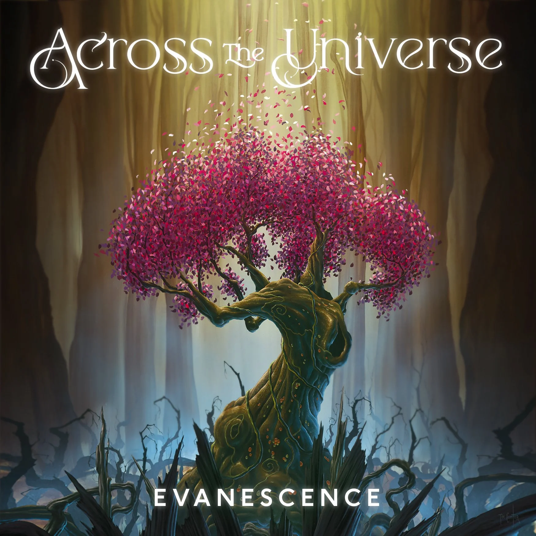 Album cover art for 'Across the Universe' by Evanescence. Features a fantasy-style tree with pink blossoms, a twisted trunk, set in a mystical forest with dark trees and fog.