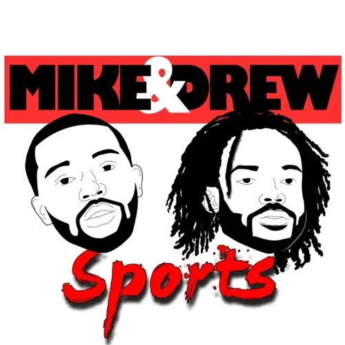 Illustration of two men with beards and long hair, along with the text 'Mike & Drew Sports' in bold red and black lettering.