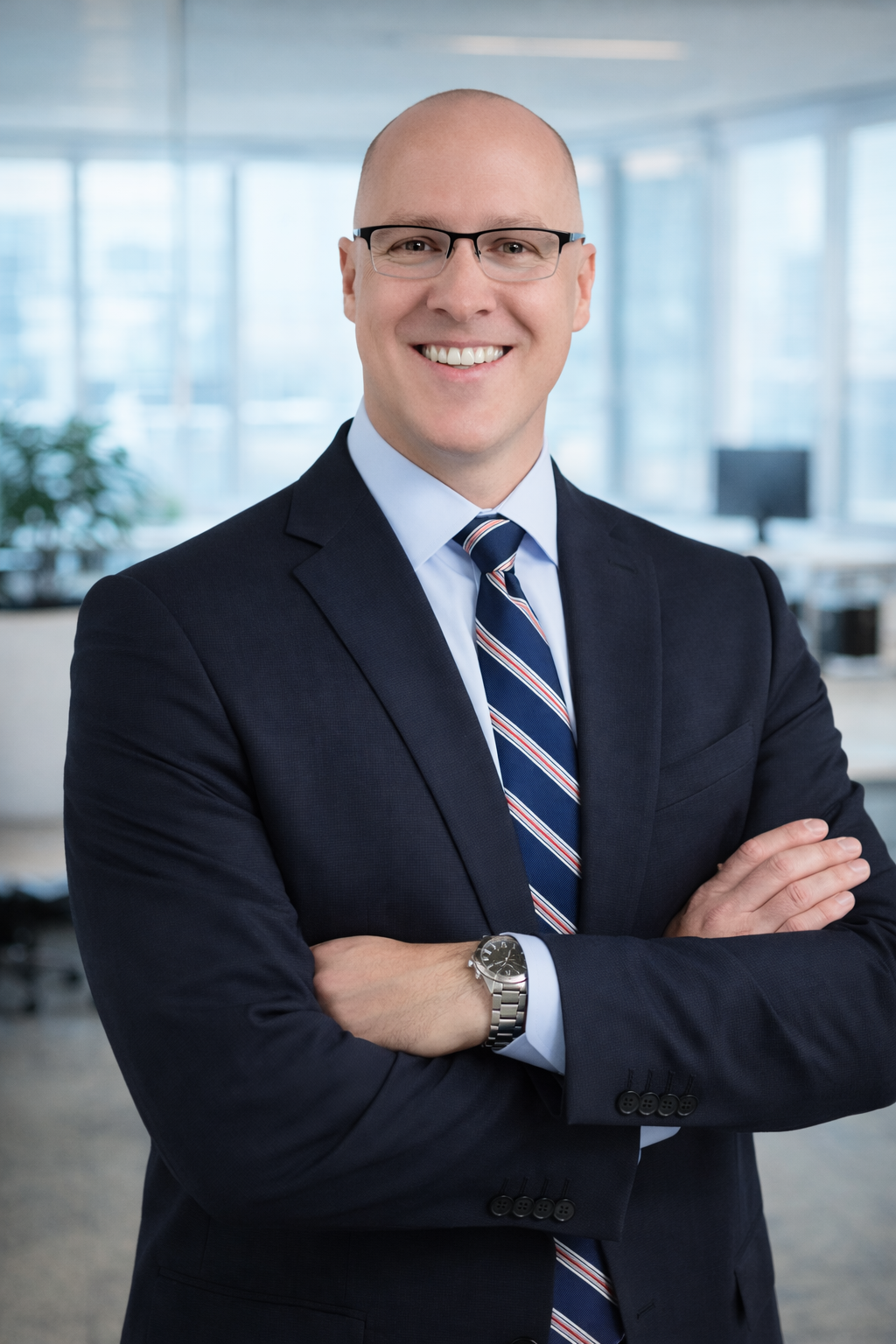 A smiling man wearing a dark suit, light blue shirt, striped tie, glasses, and a wristwatch, standing with crossed arms in a modern office with large windows and potted plants.