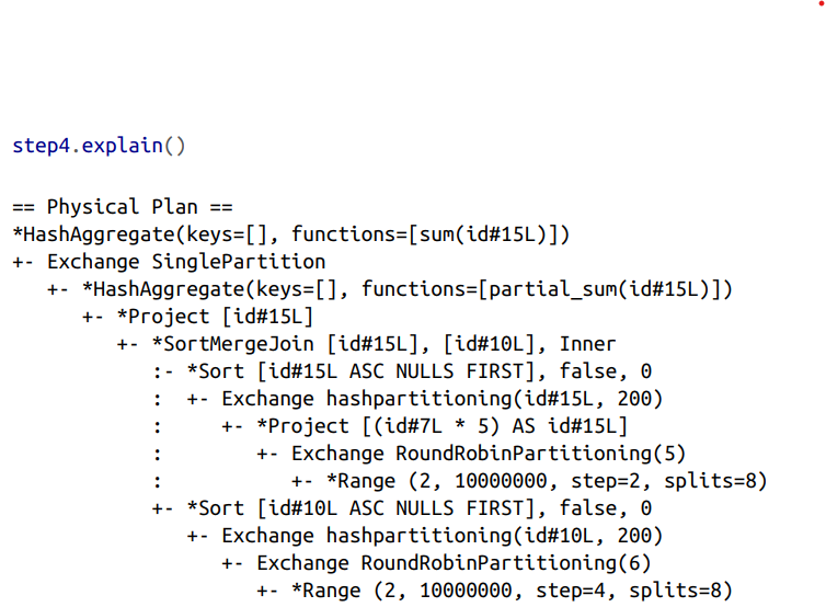 A computer screen displaying a code snippet in Python for a function named 'explain'. The code includes comments and implementations of a physical plan, hash aggregation, exchange partitioning, sorting, and range partitioning.