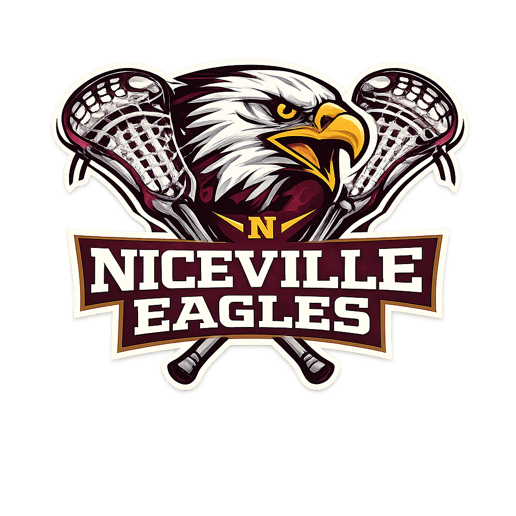 Logo for Niceville Eagles featuring an eagle's head with lacrosse sticks behind it and the text 'Niceville Eagles' below.