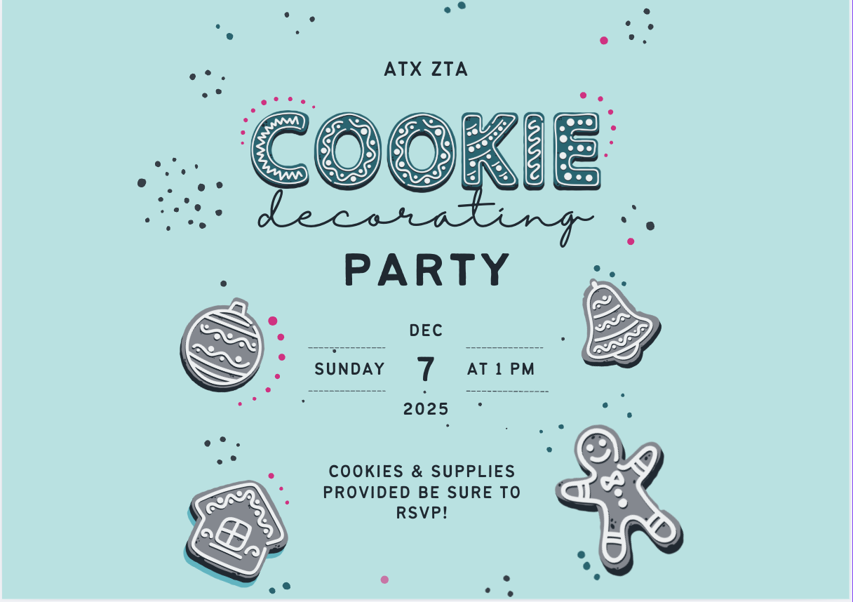 Invitation to a cookie decorating party with festive illustrations of cookies and decorations. The event is scheduled for Sunday, December 7, 2025, at 1 PM, with cookies and supplies provided. The background is light blue with colorful dots.