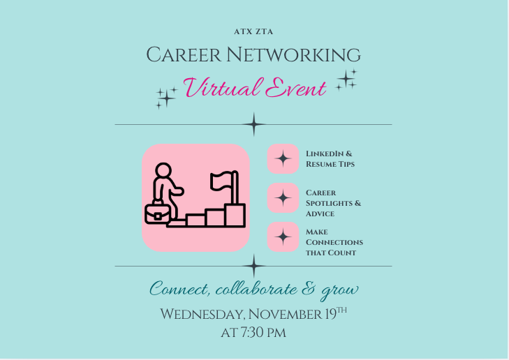 Flyer for a virtual career networking event on November 12th at 6 PM, sponsored by ATX ZTA, featuring tips on LinkedIn and resumes, career insights, and making meaningful connections, with a light blue background, decorative stars, and a graphic of a person stepping up a staircase towards a flag.