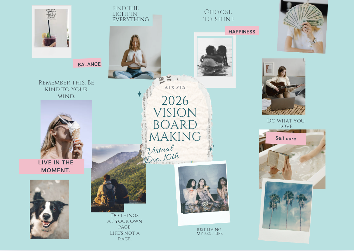 A virtual vision board for 2026 featuring images and quotes promoting balance, happiness, self-care, and living in the moment, with photos of a drink, a person meditating, a couple embracing, money, a woman playing guitar, a woman enjoying ice cream, a dog, a mountain hike, friends at a pool, and palm trees.
