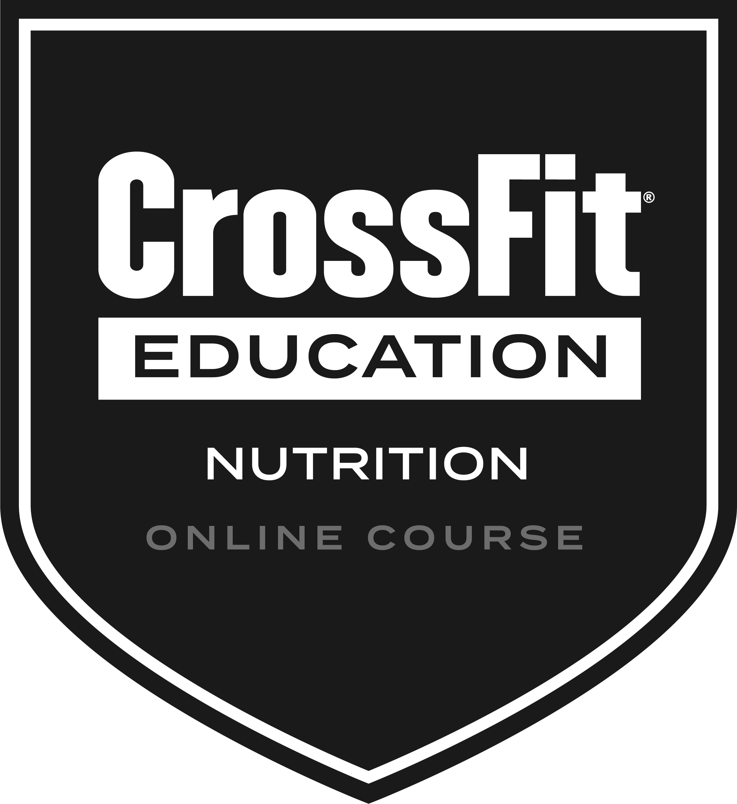 Black shield-shaped logo with white outline and text promoting CrossFit education and online courses.