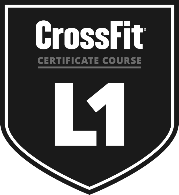 Black and white CrossFit certificate badge with the text "CrossFit", "Certificate Course" and "L1"