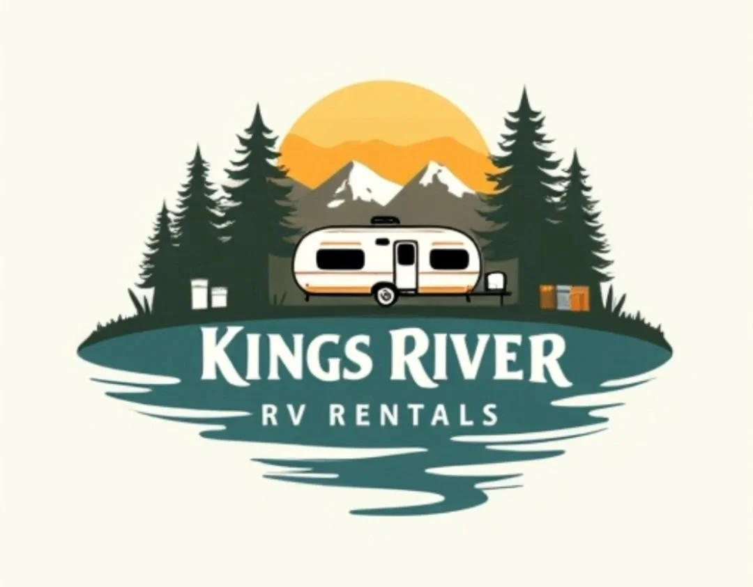 Logo for Kings River RV Rentals featuring a mountain, pine trees, a sunset, a camper trailer, and water reflection.