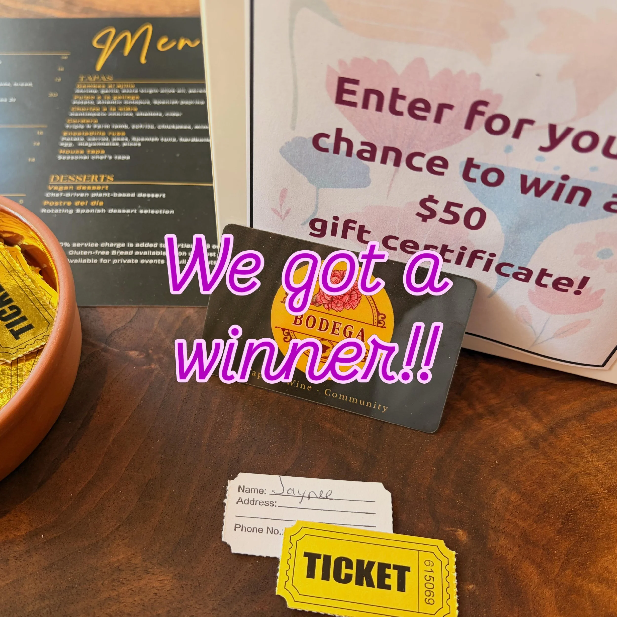 🌸🍷 We&rsquo;ve got a winner from the Flower Crawl!

Congratulations, Jaynee! 🎉
Looks like someone&rsquo;s about to enjoy some seriously good wine and tapas at Bodega. 🍷✨

Thank you to everyone who stopped by during the crawl and entered the raffl