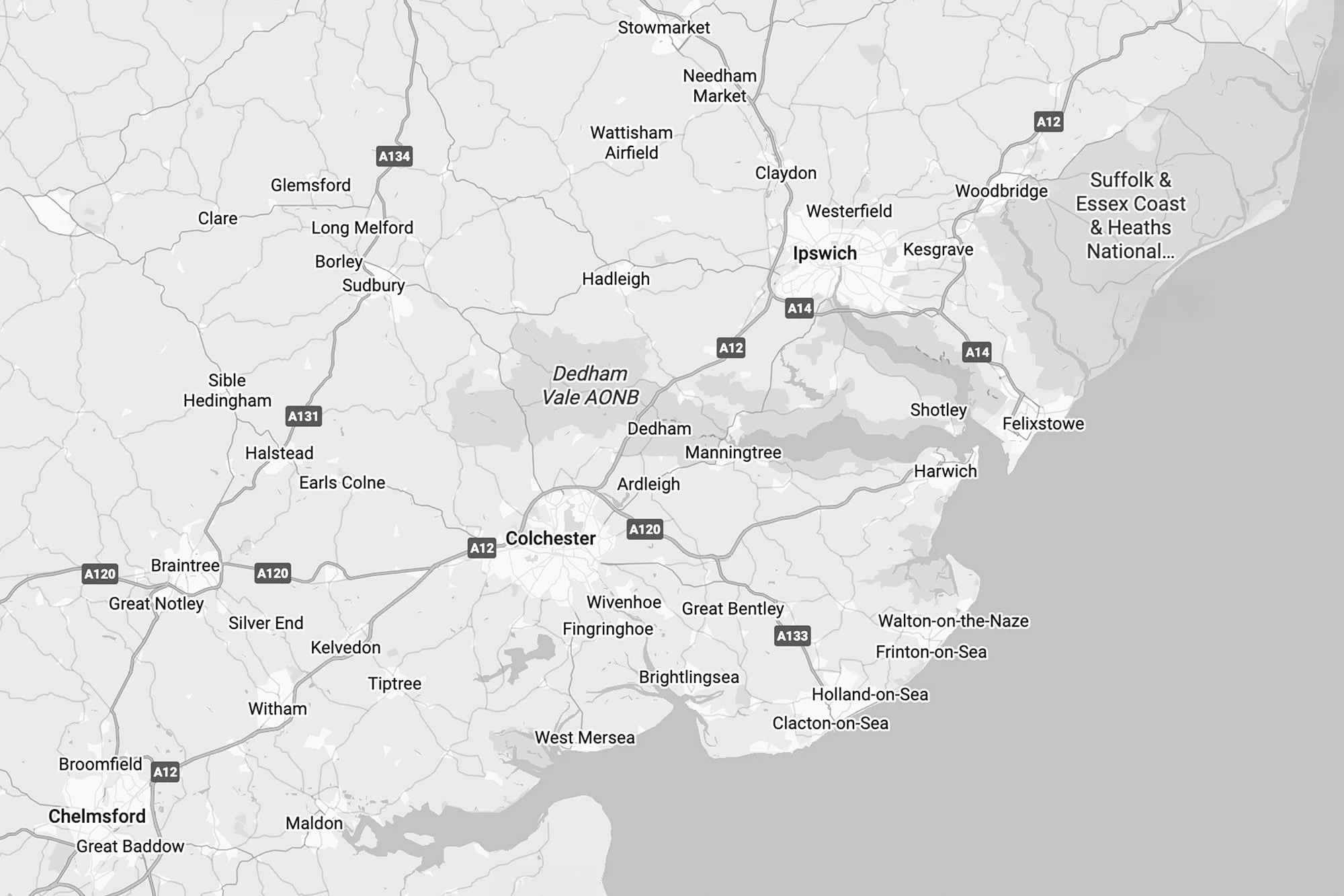 Gray-scale map of the Ipswich area in England showing towns, roads, and bodies of water, including Ipswich, Colchester, Chelmsford, and surrounding towns, with roads labeled A12, A14, A120, A131, and A134.