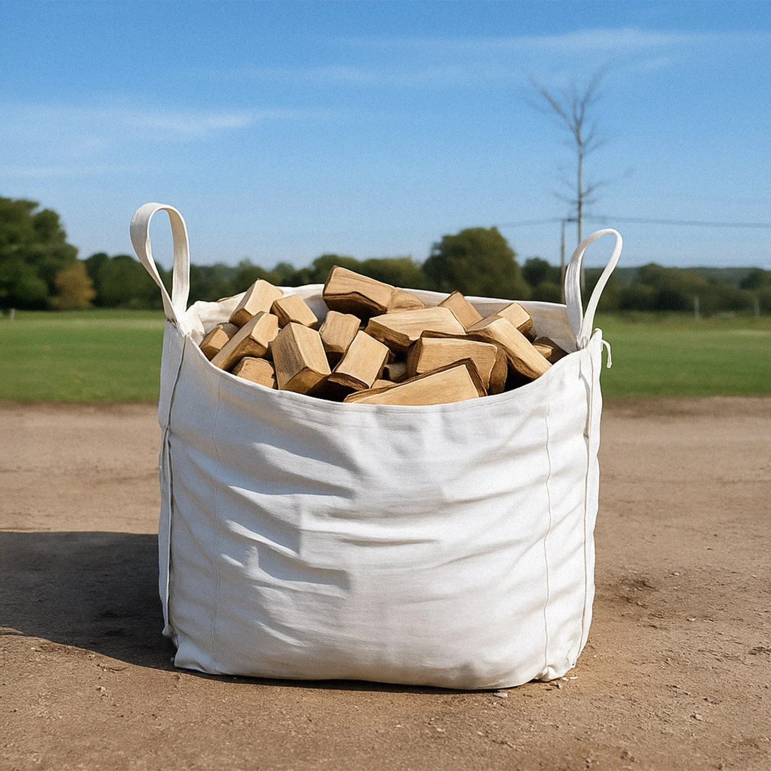 A large white bag filled with wooden game pieces on a baseball field.