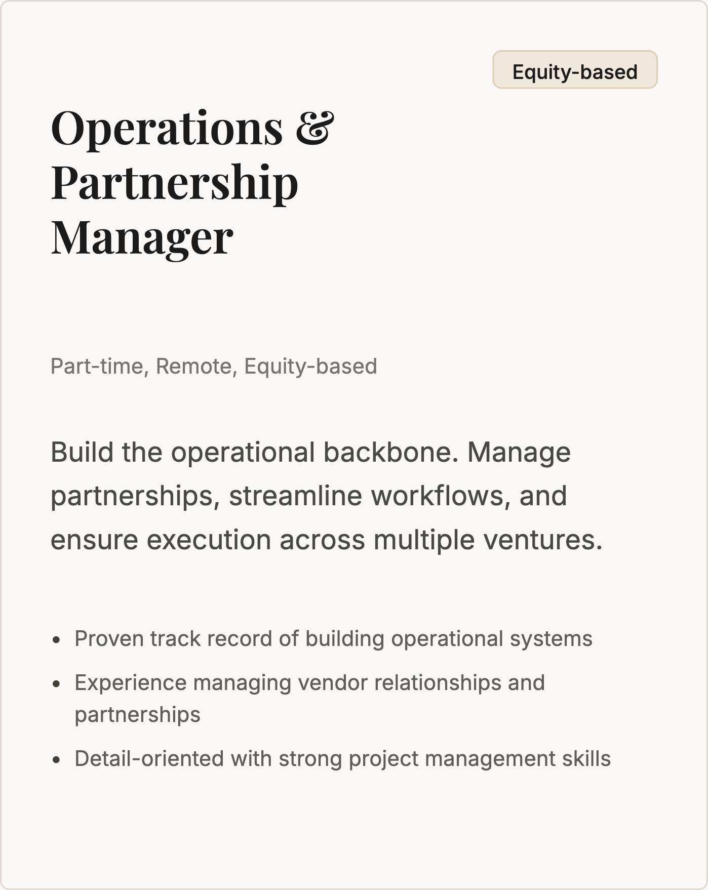 Job listing for Operations & Partnership Manager with details about responsibilities and requirements, labeled as equity-based and remote part-time position.