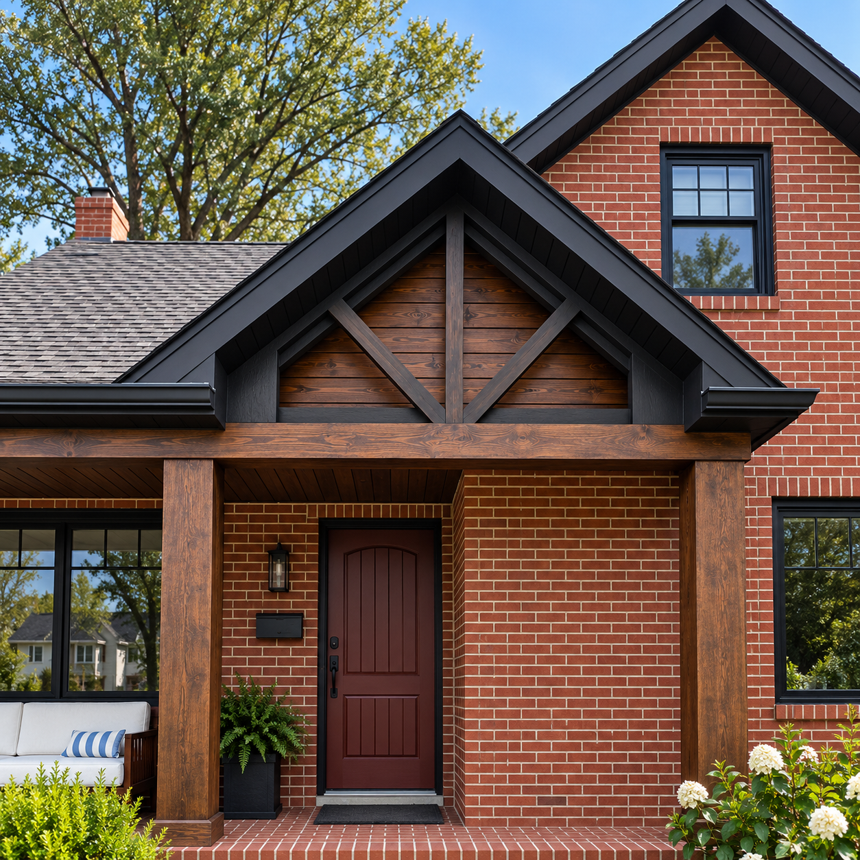 Close-up of a brick house with a front porch, wooden beams, and a red front door, surrounded by greenery and trees.