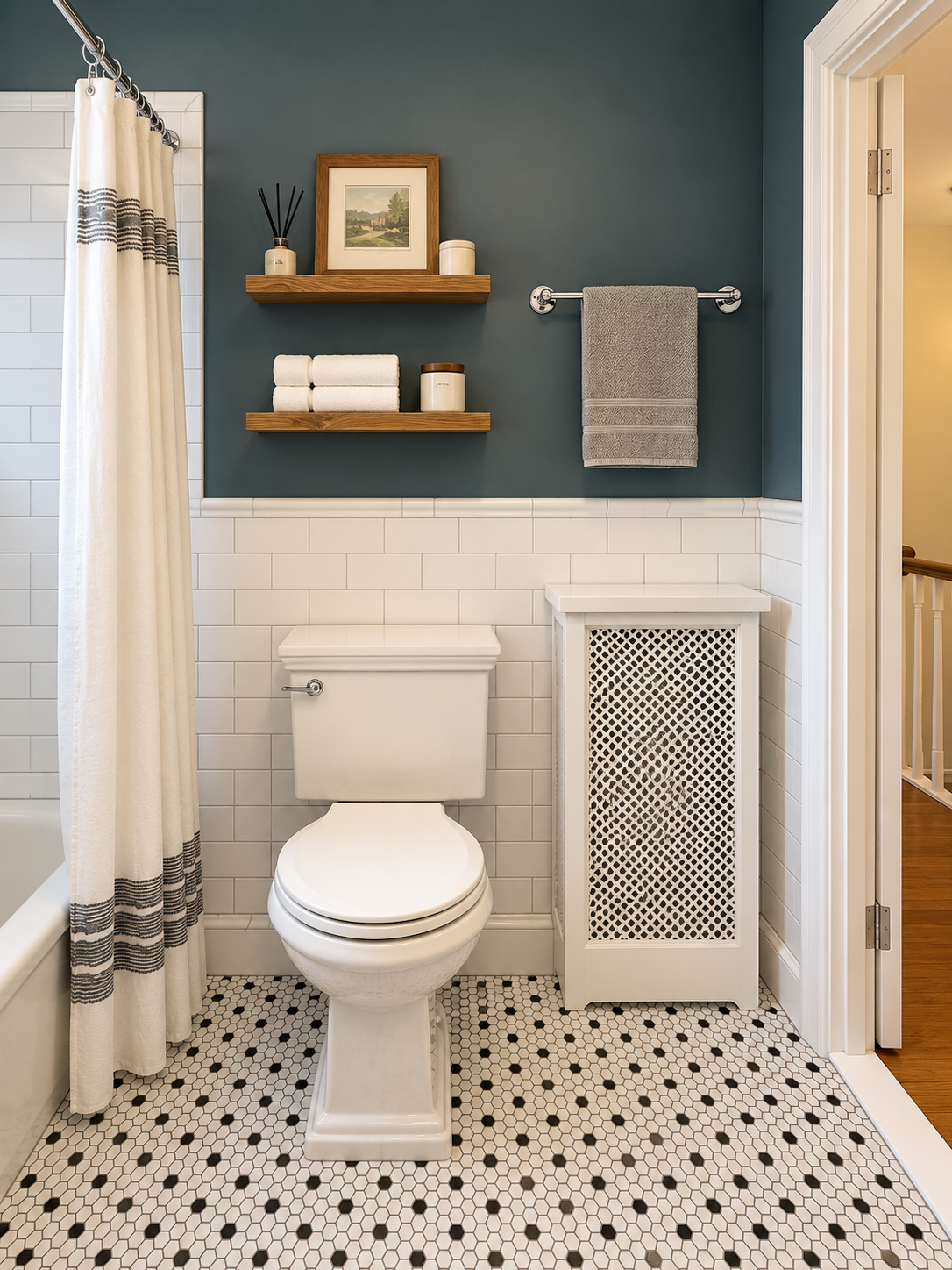 Bathroom with blue walls and white tile wainscoting, white toilet, beige carpeted floor with black dots, white shower curtain with black embroidery, wooden shelves with towels and decorative items, gray towel hanging on a metal rod, white radiator co