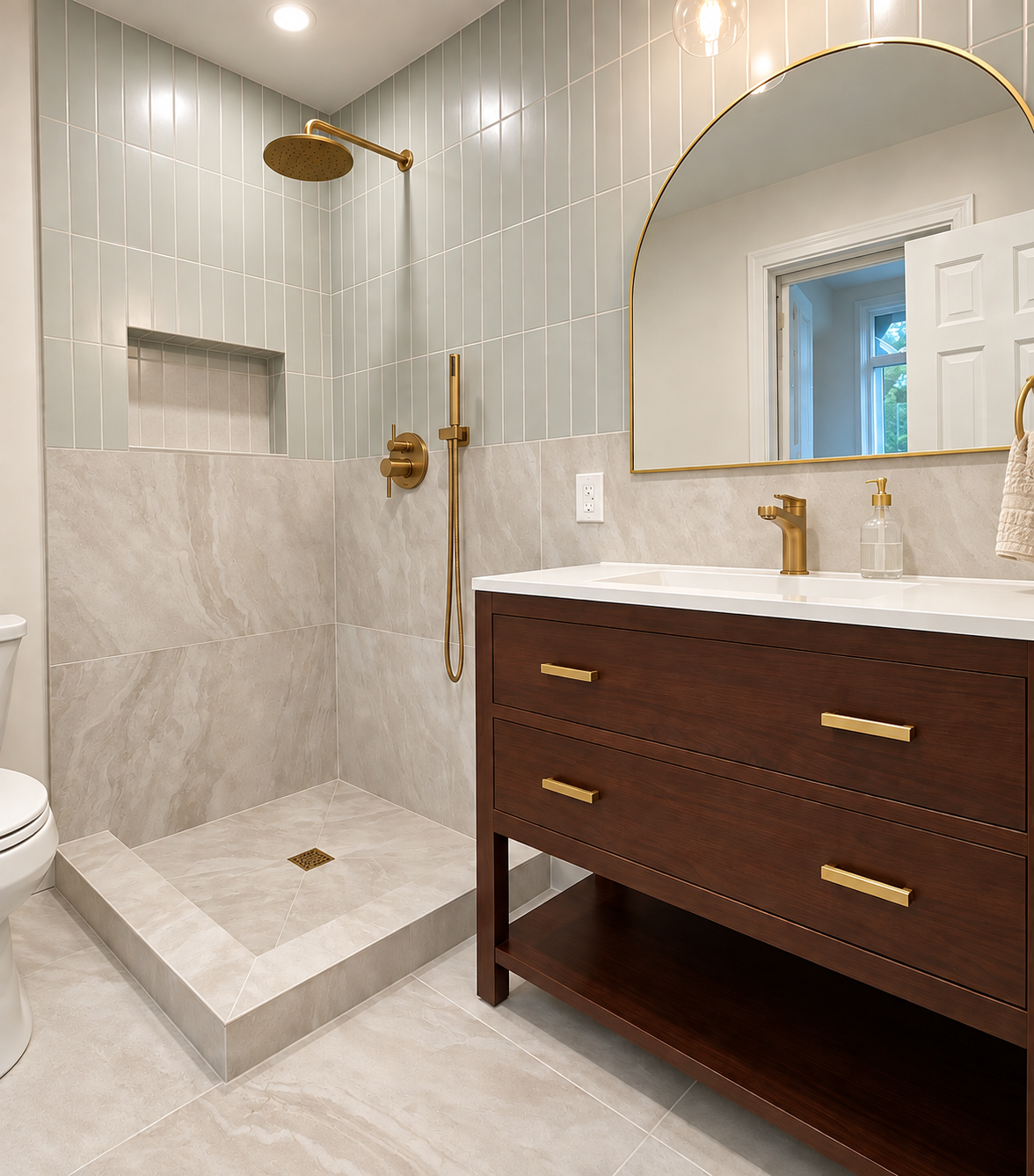 Modern bathroom with a walk-in shower featuring light gray tiles, a wall-mounted shower head, and a handheld shower. There's a wooden vanity with gold handles and a gold faucet, a large mirror, a clear soap dispenser, and a window reflected in the mirror.