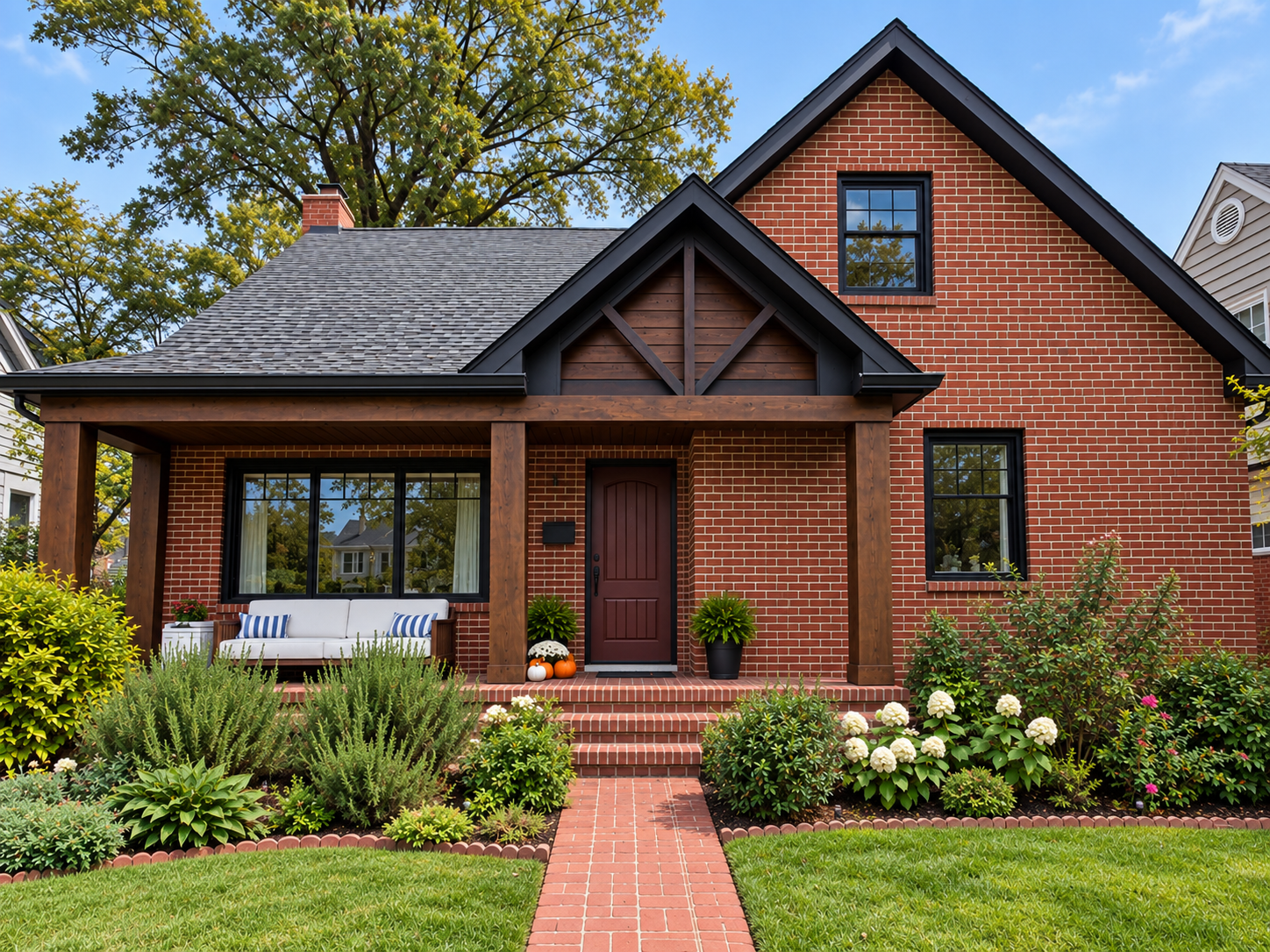 Front view of a brick house with a porch, black window frames, and a maroon front door. The house has a gabled roof, and there are green shrubs and white flowers in the garden on either side of the brick path leading to the stairs.