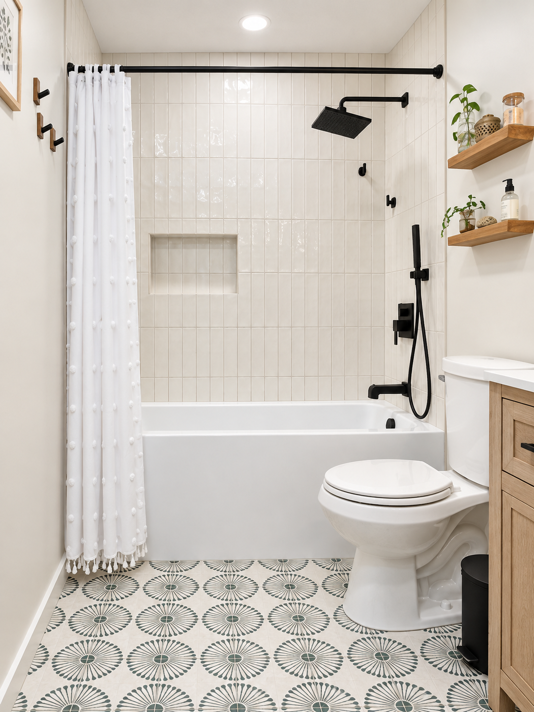 Modern bathroom with shower, bathtub, toilet, wooden vanity, black fixtures, and patterned tile floor.