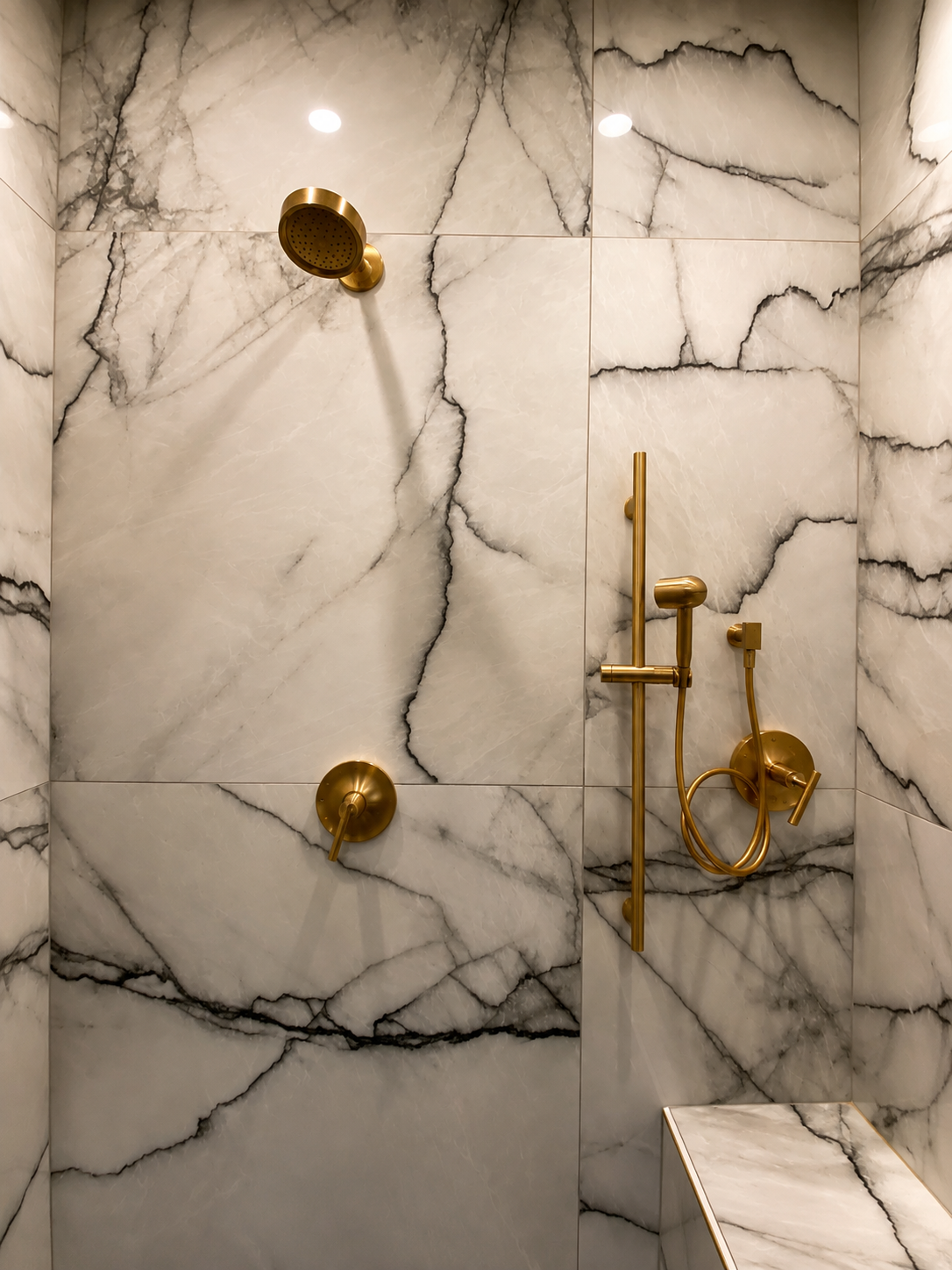 Marble shower with brass fixtures, including a showerhead, control handles, and a hand shower, with a marble bench in the corner.