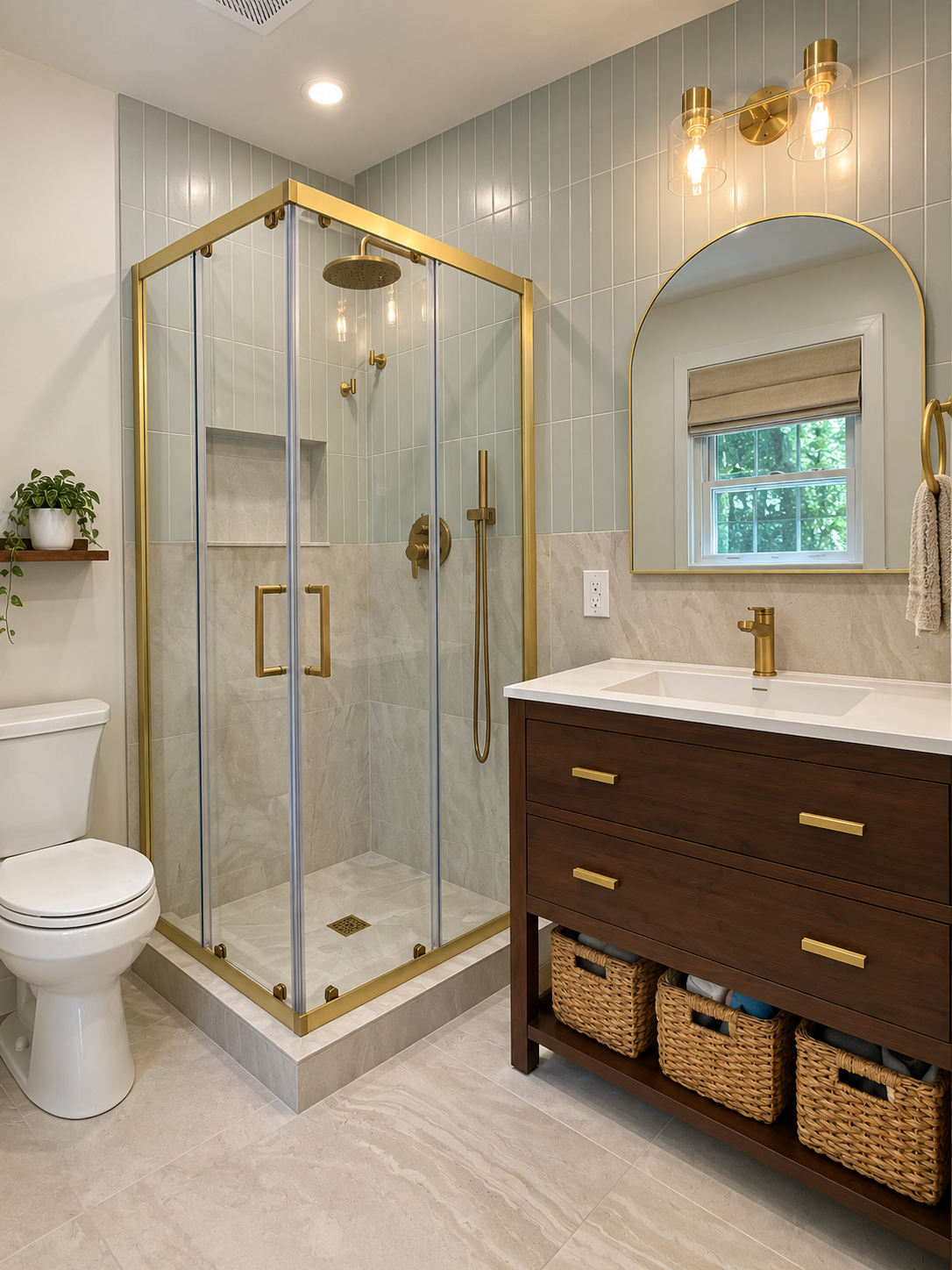Modern bathroom featuring a glass shower with gold trim, a white toilet, a wooden vanity with three drawers and wicker baskets underneath, a mirror with gold trim, a window with a beige Roman shade, a potted plant on a small wooden shelf, and stylish