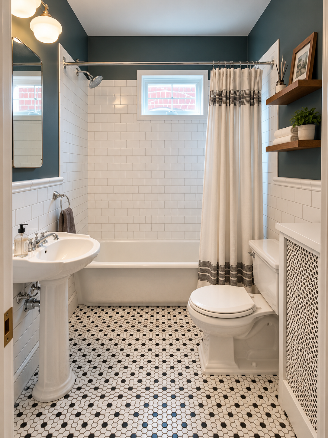 Bathroom with white tile walls, black and white patterned floor, small window, white bathtub with curtain, pedestal sink, toilet, wooden shelves with towels and decor, dark teal walls, and a mirror with light fixtures.