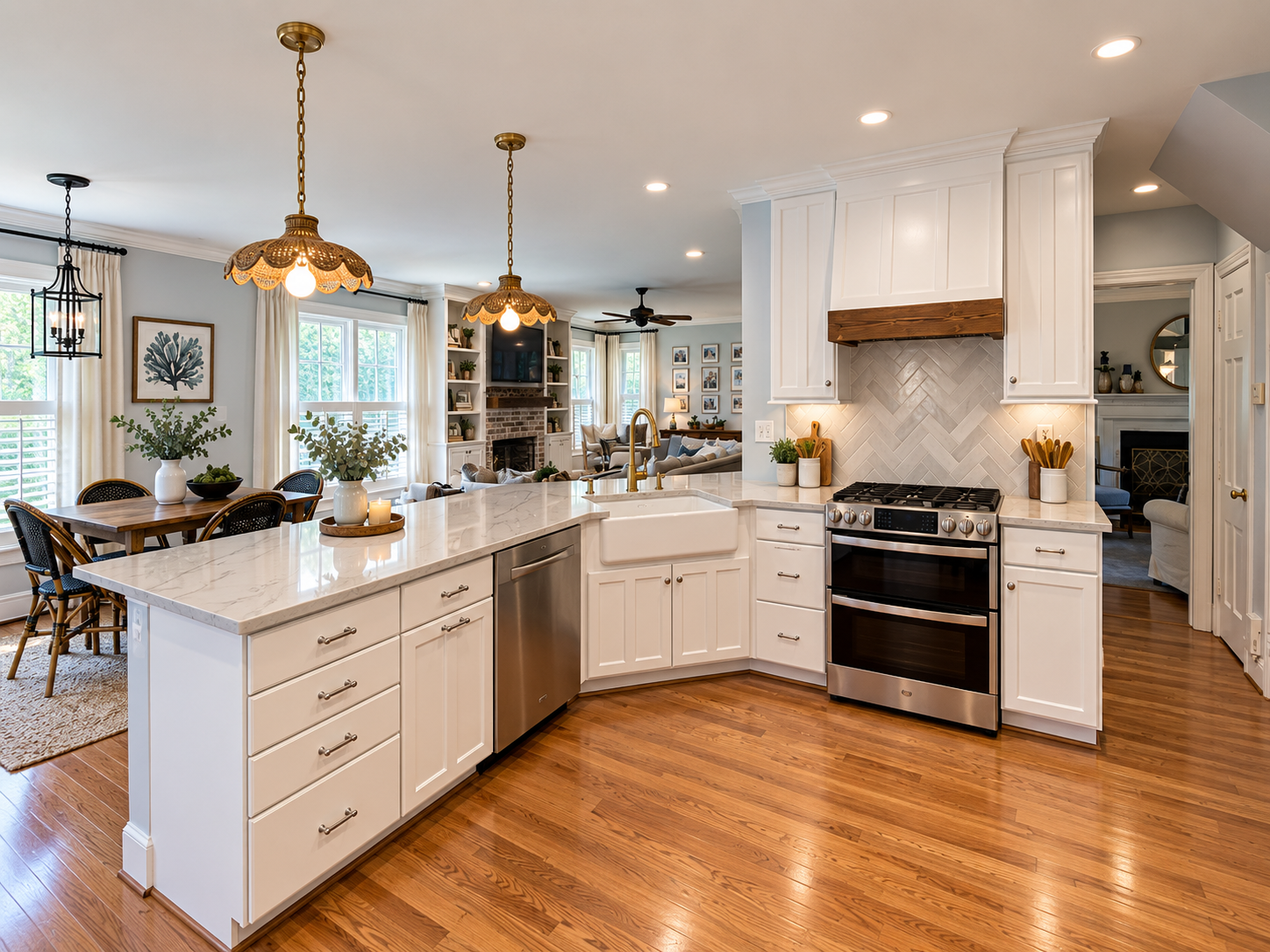 Open-concept kitchen with white cabinetry, marble countertops, stainless steel appliances, and hardwood floors, connected to a dining area and living room with large windows and decor.