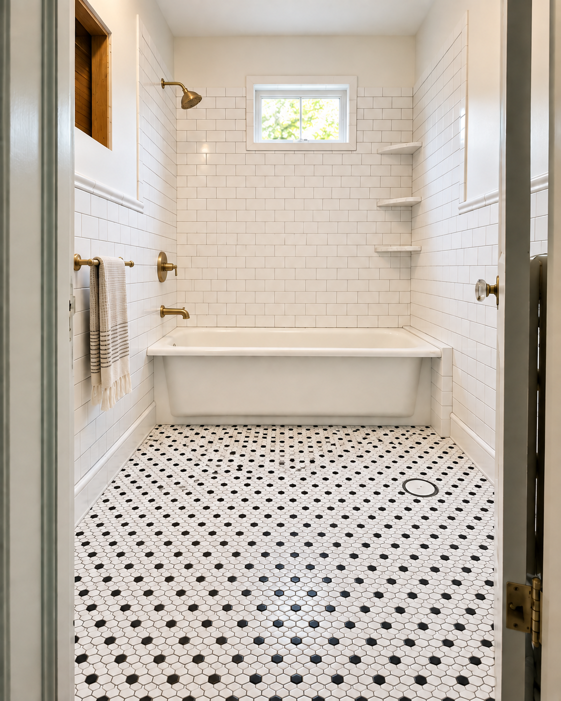 Bathroom with white subway tile walls, a white bathtub, and black-and-white mosaic tile floor. There is a small window with greenery outside, and built-in corner shelves on the walls. Gold fixtures include a showerhead, faucet, and towel bar with a t