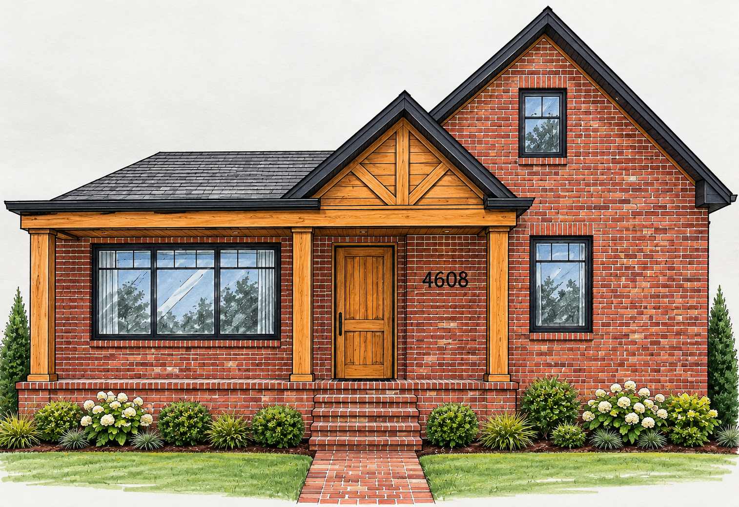 Front view of a red brick house with black trim, wooden accents, and a gable roof, featuring a front porch, steps, and a landscaped yard.