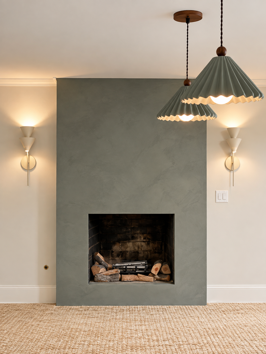 Living room with a modern fireplace, beige carpet, beige walls, two wall-mounted light fixtures, and two hanging pendant lights with pleated shades.
