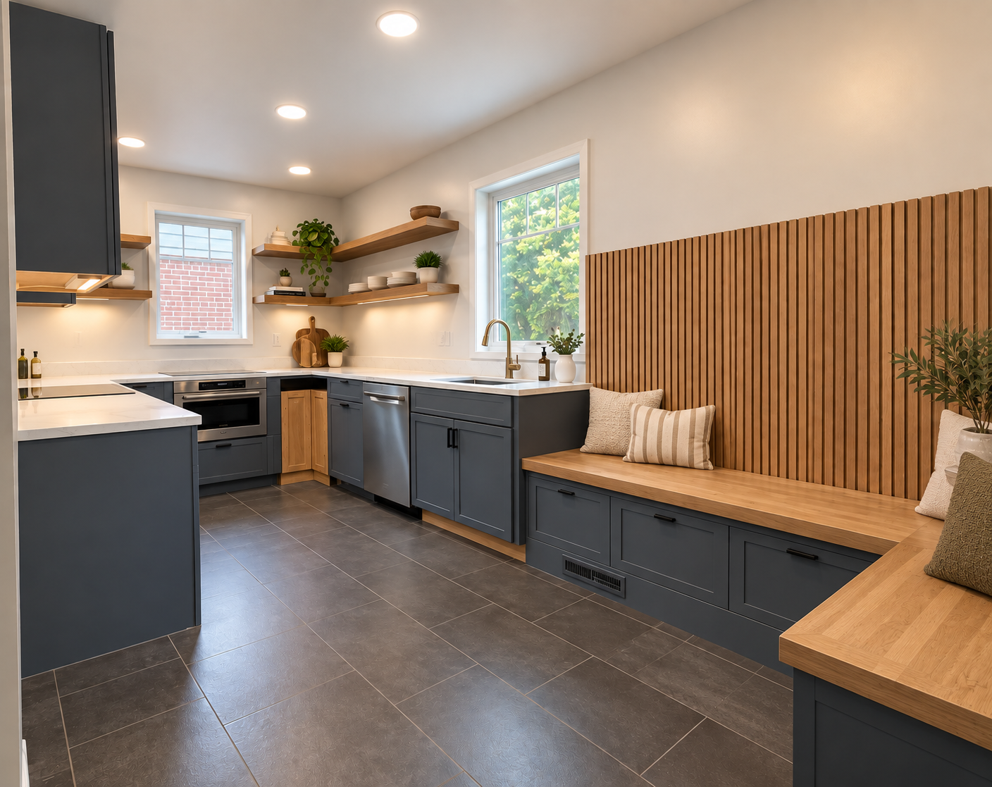Modern kitchen with blue cabinets, white countertops, open wooden shelves with dishes and plants, a window above the sink, a built-in bench with cushions along a wooden slat wall, and dark tiled flooring.