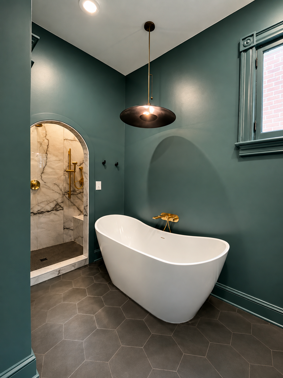 Modern bathroom with teal walls, a white freestanding bathtub with gold fixtures, a marble walk-in shower with gold hardware, hexagonal gray floor tiles, a window, and a hanging black pendant light.