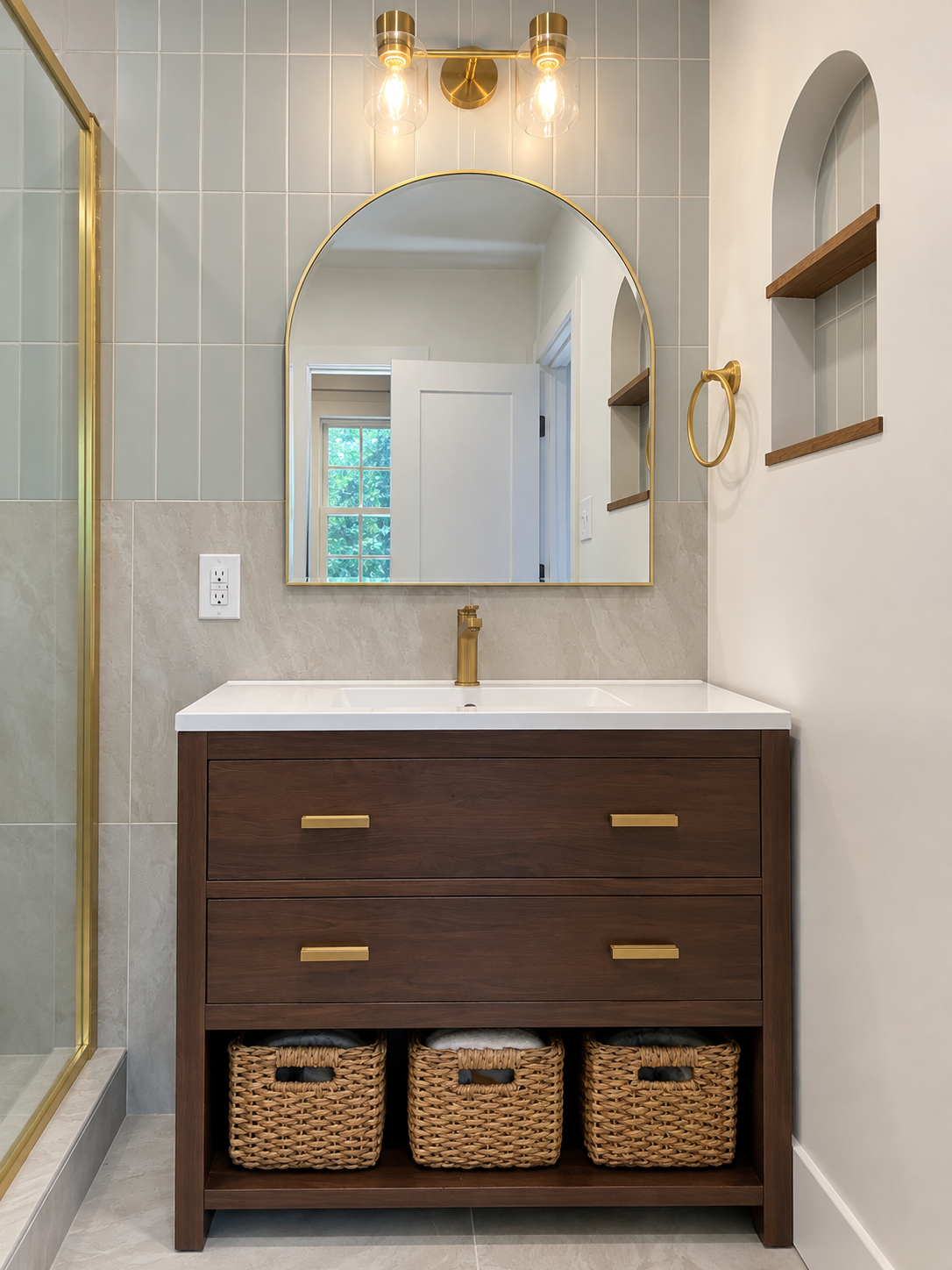 Modern bathroom vanity with a wooden cabinet, white sink, gold fixtures, oval mirror, and woven baskets underneath. Wall with beige and green tiles, lit by two light bulbs above.