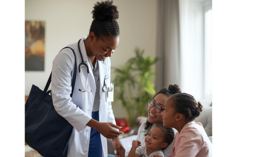 A female doctor showing a phone to a mother and her two children in a living room.