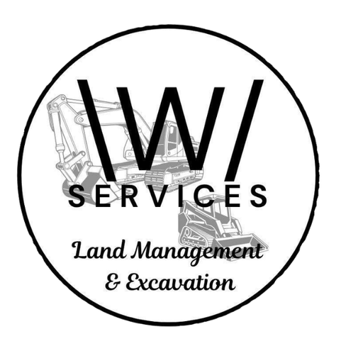 Logo for IW Services featuring an illustration of heavy construction equipment, with text indicating land management and excavation services.