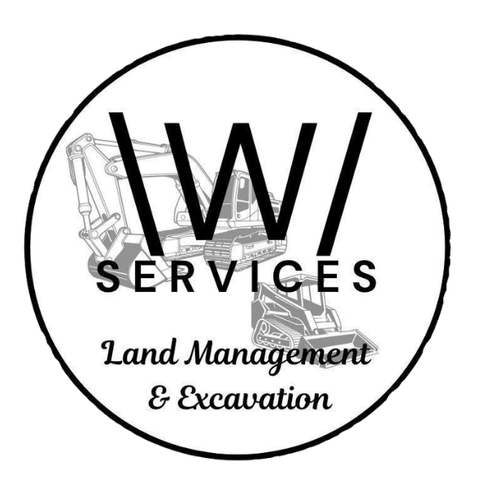 Logo for IW Services featuring a construction excavator with text indicating land management and excavation services.