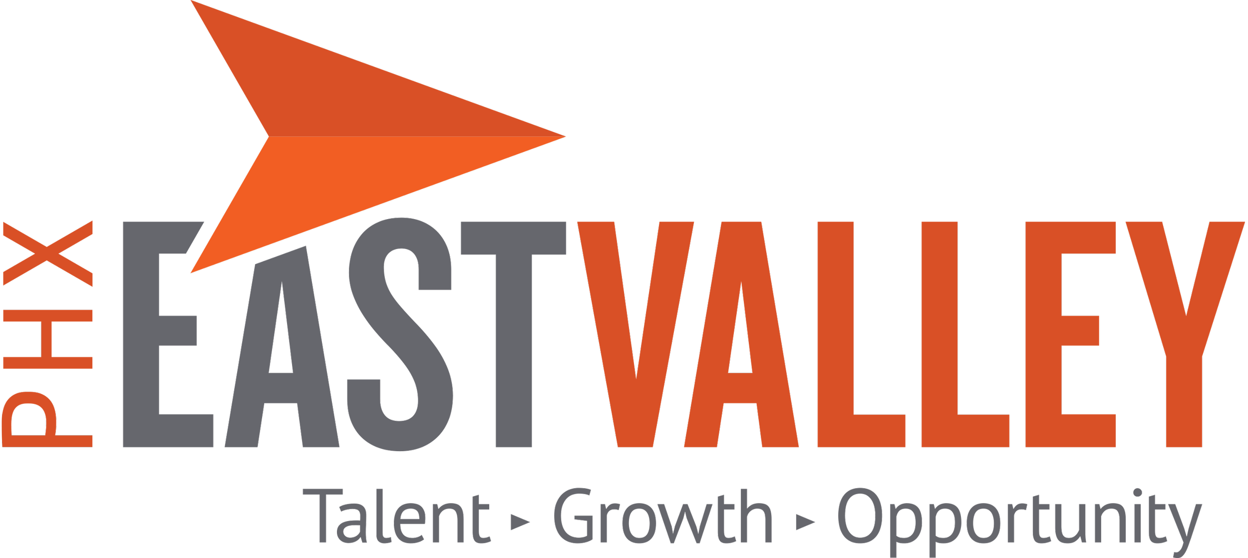 Logo for the Peak East Valley, featuring an orange and gray stylized mountain peak and text that reads "Peak East Valley" with the tagline "Talent, Growth, Opportunity."