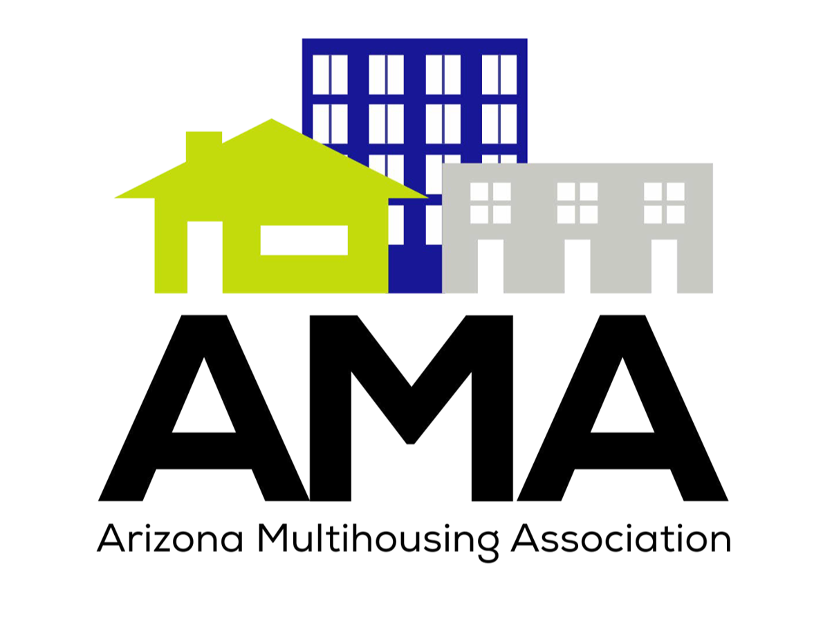 Logo of Arizona Multihousing Association featuring stylized illustrations of a yellow house, blue apartment building, and gray building above bold black text 'AMA' with smaller text 'Arizona Multihousing Association' underneath.